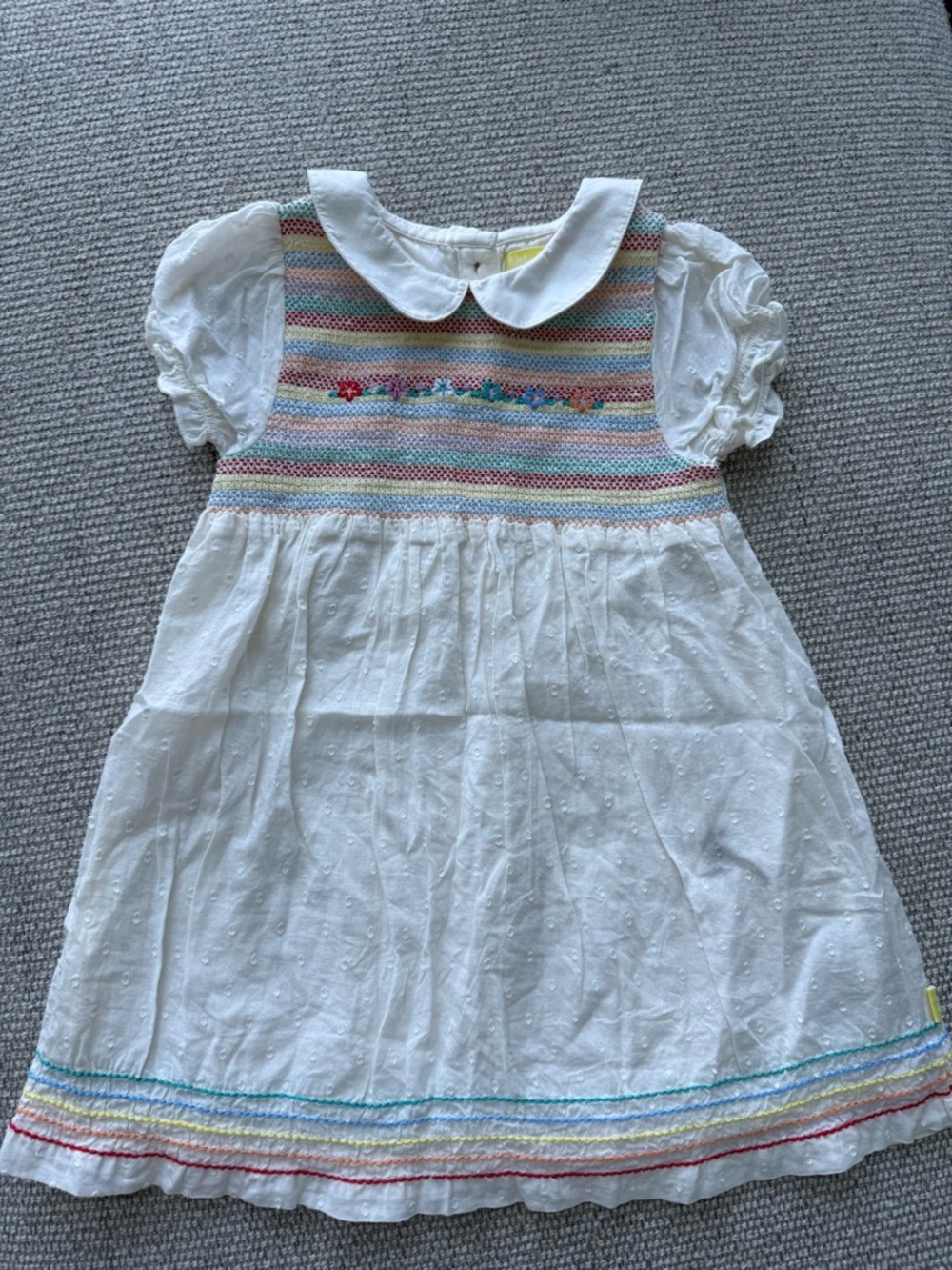 White Eyelet Dress with Rainbow Smocked Yoke - Girls